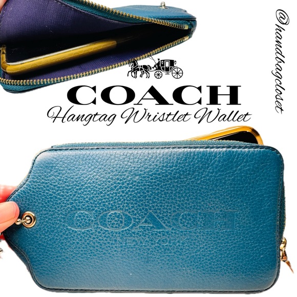 COACH HANGTAG WRISTLET MULTIFUNCTION CASE ILEATHER F52390 TEAL BLUE GREEN WALLET